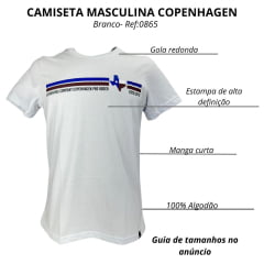 Camiseta Masculina Copenhagen Manga Curta Branco Estampado Em Azul/Marrom E Preto Ref:0865