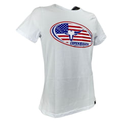 Camiseta Masculina Copenhagen Manga Curta Branco Estampado Em AzuL/ Vermelho Ref:0865