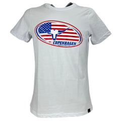Camiseta Masculina Copenhagen Manga Curta Branco Estampado Em AzuL/ Vermelho Ref:0865