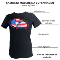 Camiseta Masculina Copenhagen Manga Curta Preto Estampado Em AzuL/ Vermelho E Branco Ref:0865