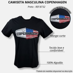 Camiseta Masculina Copenhagen Preta Manga Curta Com Logo Em Preto E EUA Ref.8732