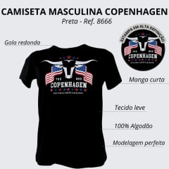 Camiseta Masculina Copenhagen Preta Manga Curta Logo Long Horn Branca R: 8666