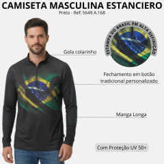 Camiseta Masculina Estanciero Manga Longa Preta Estampa Bandeira Do Brasil UV50+ Ref:5649 A.168