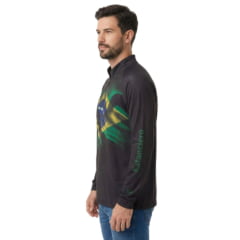 Camiseta Masculina Estanciero Manga Longa Preta Estampa Bandeira Do Brasil UV50+ Ref:5649 A.168