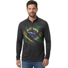 Camiseta Masculina Estanciero Manga Longa Preta Estampa Bandeira Do Brasil UV50+ Ref:5649 A.168