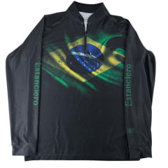 Camiseta Masculina Estanciero Manga Longa Preta Estampa Bandeira Do Brasil UV50+ Ref:5649 A.168
