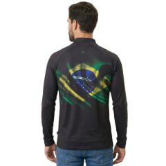 Camiseta Masculina Estanciero Manga Longa Preta Estampa Bandeira Do Brasil UV50+ Ref:5649 A.168