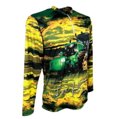 Camiseta Masculina Fox Hound Amarela e Verde Com Zíper Manga Longa Com Estampa de Trator UV50+ Ref.35770