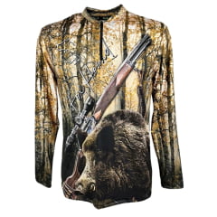 Camiseta Masculina Fox Hound Marrom e Preta Com Zíper Manga Longa Com Estampa de Rifle e Javali UV50+ Ref.35770