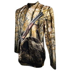 Camiseta Masculina Fox Hound Marrom e Preta Com Zíper Manga Longa Com Estampa de Rifle e Javali UV50+ Ref.35770