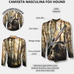 Camiseta Masculina Fox Hound Marrom e Preta Com Zíper Manga Longa Com Estampa de Rifle e Javali UV50+ Ref.35770