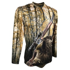 Camiseta Masculina Fox Hound Marrom e Preta Com Zíper Manga Longa Com Estampa de Rifle e Javali UV50+ Ref.35770