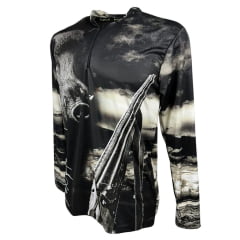 Camiseta Masculina Fox Hound Preto e Branco Com Zíper Manga Longa Com Estampa de Rifle e Javali UV50+ Ref.35770