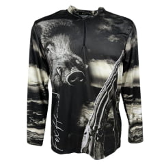 Camiseta Masculina Fox Hound Preto e Branco Com Zíper Manga Longa Com Estampa de Rifle e Javali UV50+ Ref.35770