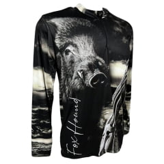 Camiseta Masculina Fox Hound Preto e Branco Com Zíper Manga Longa Com Estampa de Rifle e Javali UV50+ Ref.35770