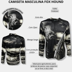 Camiseta Masculina Fox Hound Preto e Branco Com Zíper Manga Longa Com Estampa de Rifle e Javali UV50+ Ref.35770