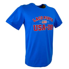 Camiseta Masculina Laço Forte Azul Manga Curta Bordada U.S.A Em Vermelho Ref:431