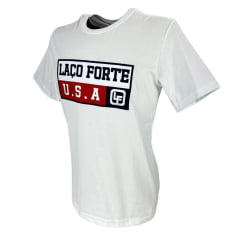 Camiseta Masculina Laço Forte Branca Manga Curta Com Bordado U.S.A Em Vermelho /Azul Ref:431