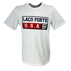 Camiseta Masculina Laço Forte Branca Manga Curta Com Bordado U.S.A Em Vermelho /Azul Ref:431