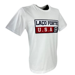 Camiseta Masculina Laço Forte Branca Manga Curta Com Bordado U.S.A Em Vermelho /Azul Ref:431