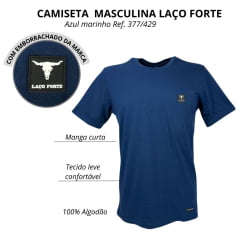 Camiseta Masculina Laço Forte Manga Curta Básica Com Aplique Azul Marinho Ref:377/429