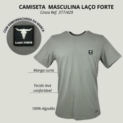 Camiseta Masculina Laço Forte Manga Curta Básica Com Aplique Cinza Ref:377/429