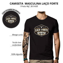 Camiseta Masculina Laço Forte Manga Curta Preto Estampada Logo Branco/Laranja Ref: 361/430