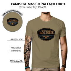 Camiseta Masculina Laço Forte Manga Curta Verde Militar Estampada Em Laranja Neon Ref: 361/430