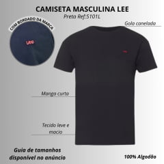 Camiseta Masculina Lee Manga Curta TShirt Malha Penteada Básica Preto Com Logo Pequeno Em Vermelho Ref:5101L