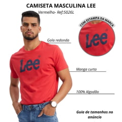 Camiseta Masculina Lee TShirt Malha Penteada Vermelha Logo Azul Ref:5026L
