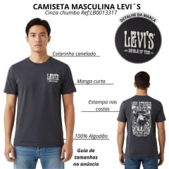 Camiseta Masculina Levi's Manga Curta Cinza Chumbo Com Estampa Branco Pequeno Na Frente E Grande Costas Ref:LB0013317