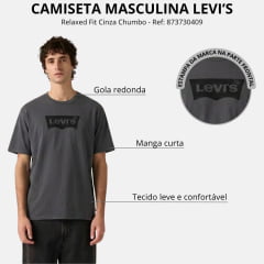 Camiseta Masculina Levi's Relaxed Fit Cinza Chumbo Com Logo Preto Manga Curta Ref:873730409