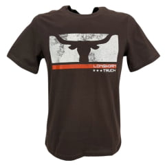 Camiseta Masculina Longhorn Truck Manga Curta Marrom Com Estampa Branca e Laranja Ref.0314