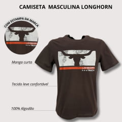 Camiseta Masculina Longhorn Truck Manga Curta Marrom Com Estampa Branca e Laranja Ref.0314