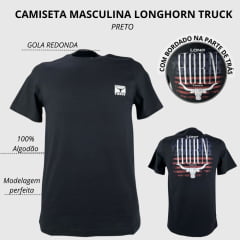 Camiseta Masculina Longhorn Truck Preta Com Logo Pequena Em Branco