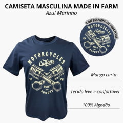 Camiseta Masculina Made In Farm Azul Marinho Manga Curta Motorcycles Com Estampa Amarela