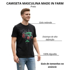Camiseta Masculina Made In Farm Manga Curta Preto Estampada Trator Em Verde E Vermelho