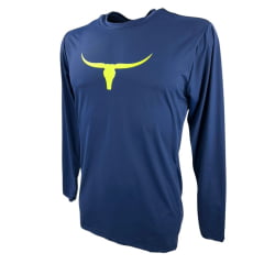 Camiseta Masculina Os Moiadeiros Azul Marinho Manga Longa Com Proteção UV E logo Amarelo Neon Ref:UV94