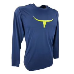 Camiseta Masculina Os Moiadeiros Azul Marinho Manga Longa Com Proteção UV E logo Amarelo Neon Ref:UV94