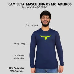 Camiseta Masculina Os Moiadeiros Azul Marinho Manga Longa Com Proteção UV E logo Amarelo Neon Ref:UV94