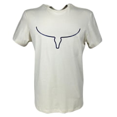 Camiseta Masculina Os Moiadeiros Bege Claro Manga Curta Com Longhorn Azul  Ref.MC677