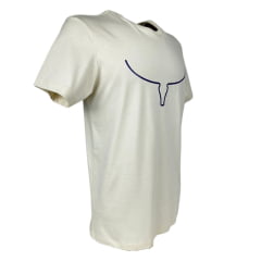 Camiseta Masculina Os Moiadeiros Bege Claro Manga Curta Com Longhorn Azul  Ref.MC677