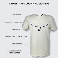 Camiseta Masculina Os Moiadeiros Bege Claro Manga Curta Com Longhorn Azul  Ref.MC677