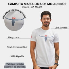 Camiseta Masculina Os Moiadeiros Branca Manga Curta Com Logo Azul e Vermelho Ref.MC709