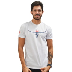 Camiseta Masculina Os Moiadeiros Branca Manga Curta Com Logo Azul e Vermelho Ref.MC709