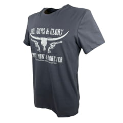 Camiseta Masculina Os Moiadeiros Cinza Manga Curta Com Logo Longhorn Branco e Armas God, Guns And Glory Ref.MC696