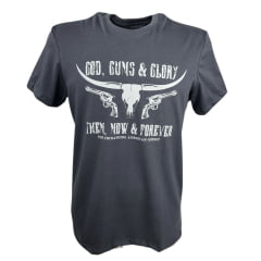 Camiseta Masculina Os Moiadeiros Cinza Manga Curta Com Logo Longhorn Branco e Armas God, Guns And Glory Ref.MC696