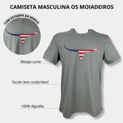 Camiseta Masculina Os Moiadeiros Cinza Manga Curta Longhorn Azul EUA Ref.MC669