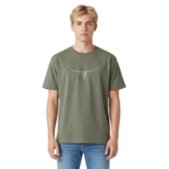 Camiseta Masculina Os Moiadeiros Verde Musgo Com Logo Longhorn Cinza Ref:MC887