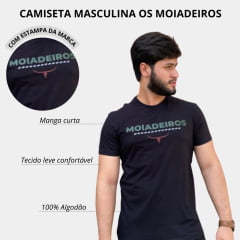 Camiseta Masculina Os Moiadeiros Preta Manga Curta Com Letreiro Verde Longhorn Vermelho Ref.MC672